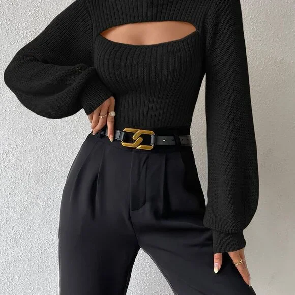 Black Casual Women's Long Sleeve Turtleneck Sweater with Cut Out Eyelet - Picture 6 of 7